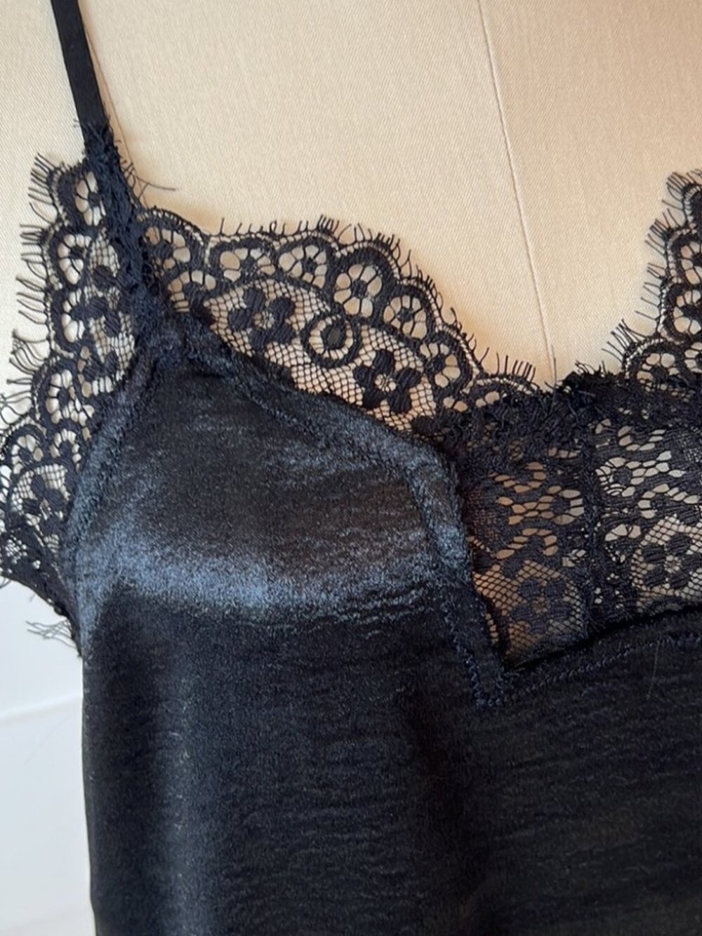 Walter Baker Black Satin Camisole Lace Trim Adjustable Straps S